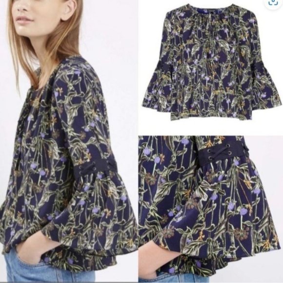 TOPSHOP Blouse Medium US 10 Bell Sleeve Flowy Smock Top Floral Print Blue BOHO - Picture 10 of 10